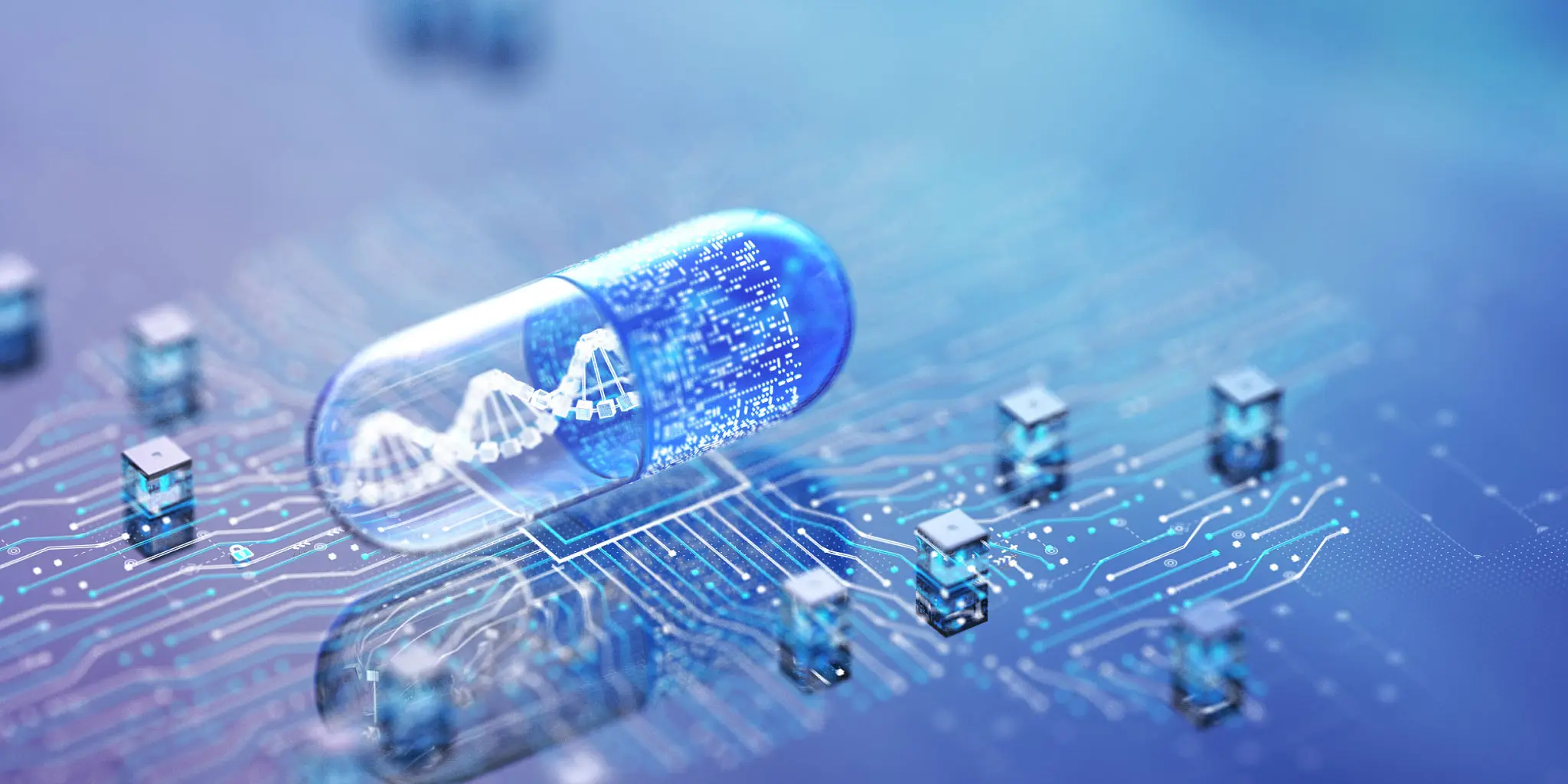 Digital pill on electronic circuit board.