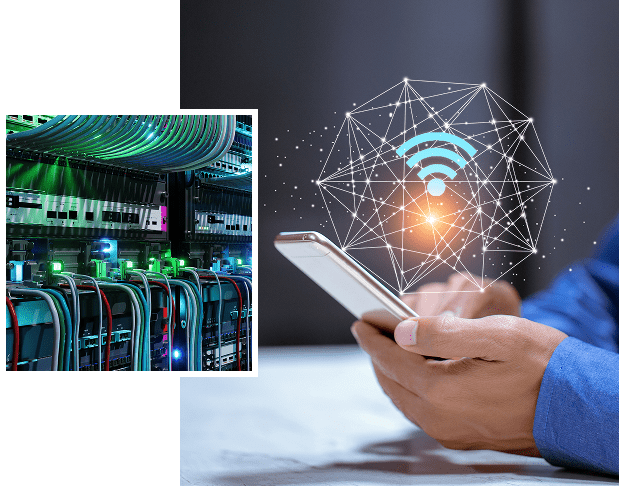Smartphone, server room, and Wi-Fi symbol.