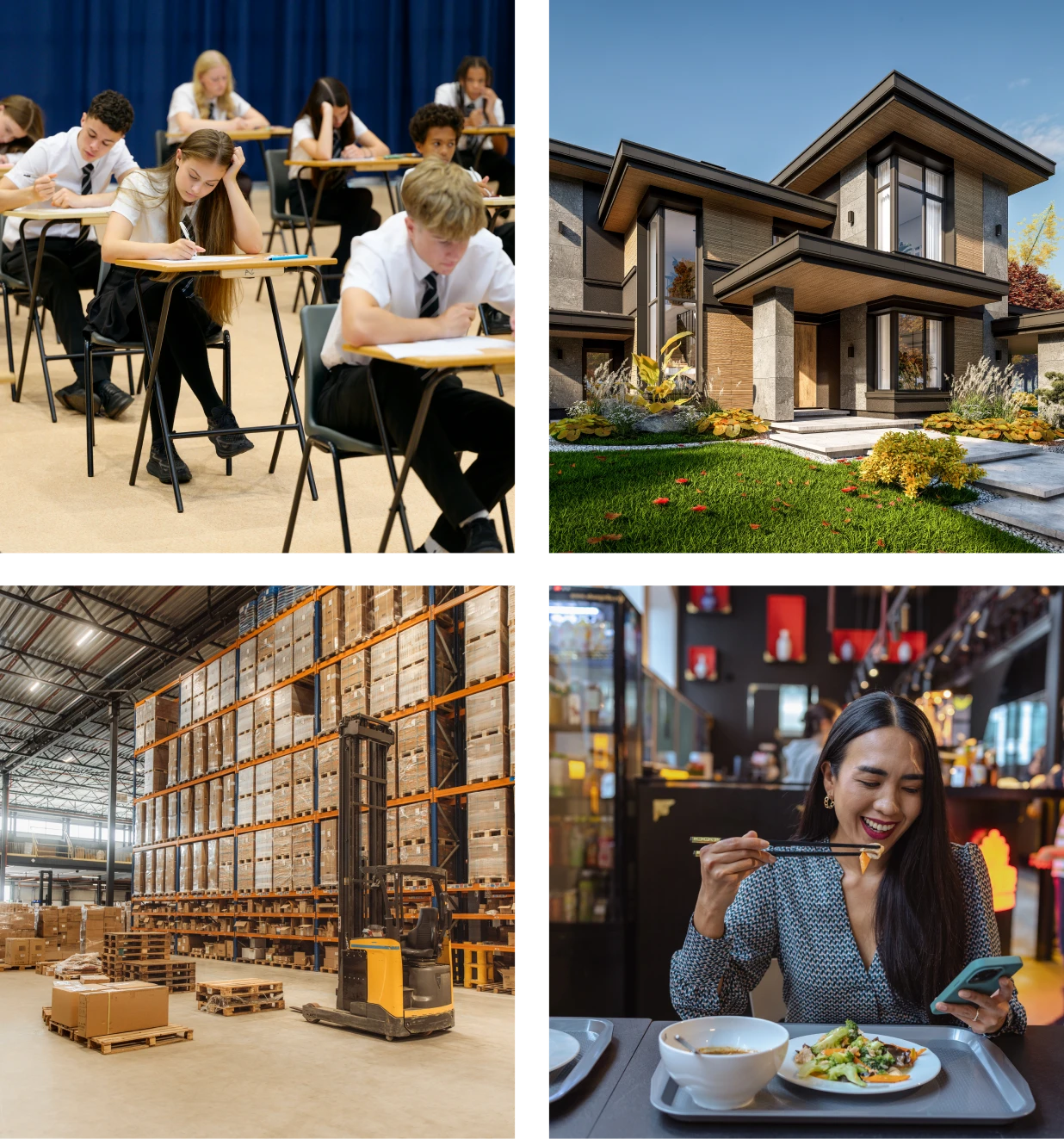 Classroom, house, warehouse, and dining scene collage.